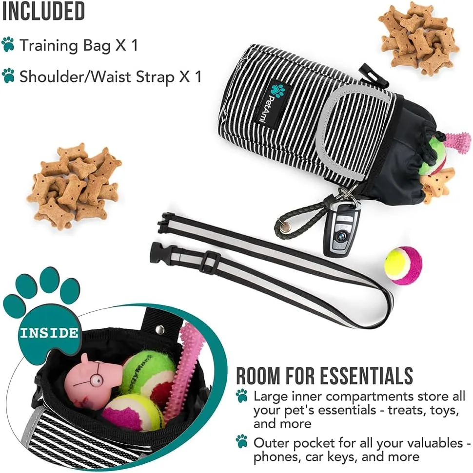 PetAmi Dog Treat Pouch, Large Pet Training Treat Pouch with Pocket, Dog Trainer Essentials Supply Holder with Poop Bag Dispenser, Training Bag for Kibbles Toys, 3 Ways to Wear (Stripe Black)