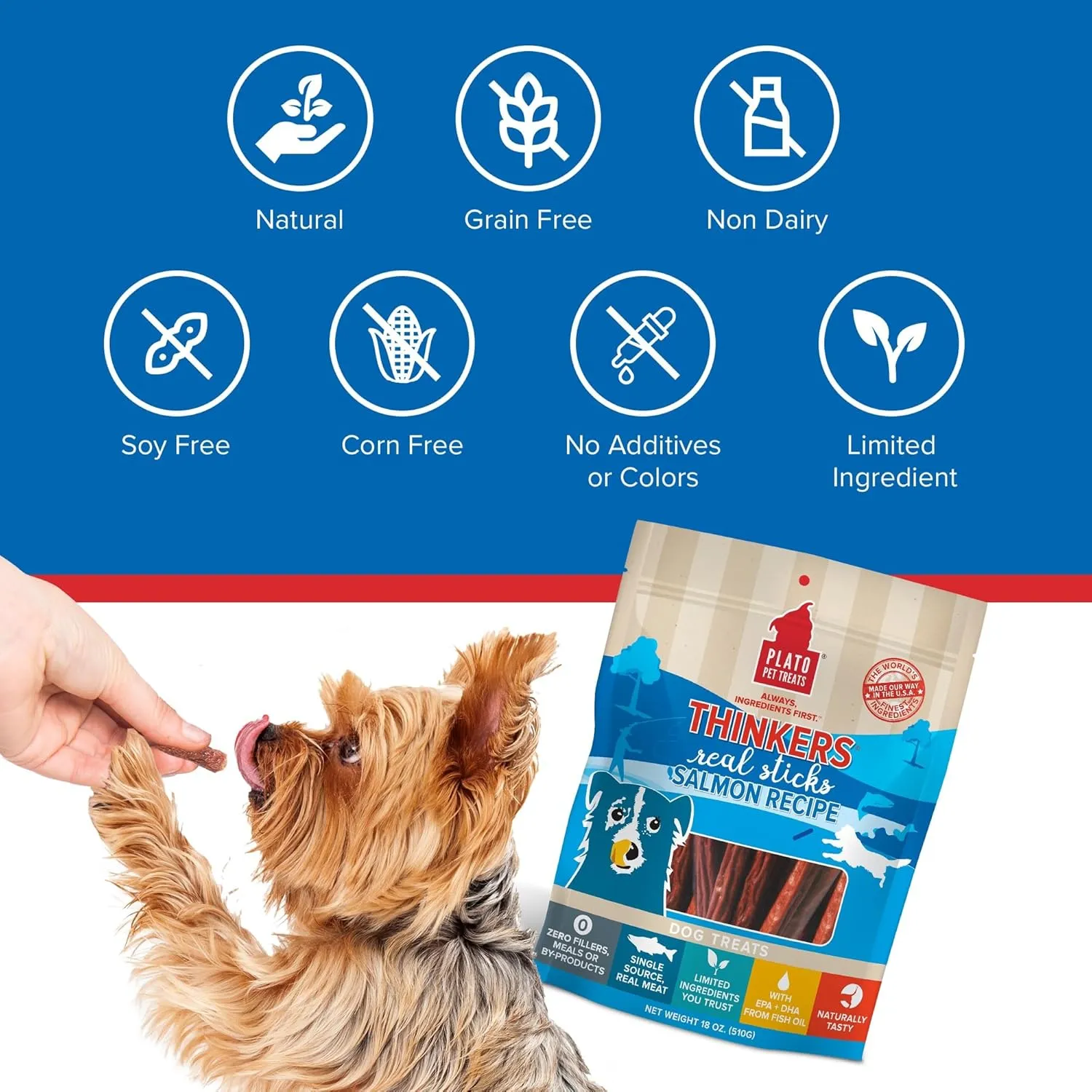 Plato Pet Treats Air Dried Dog Treats Salmon Thinkers Sticks, Natural Dog Treats, Real Meat, Air Dried, Made in the USA, 10oz