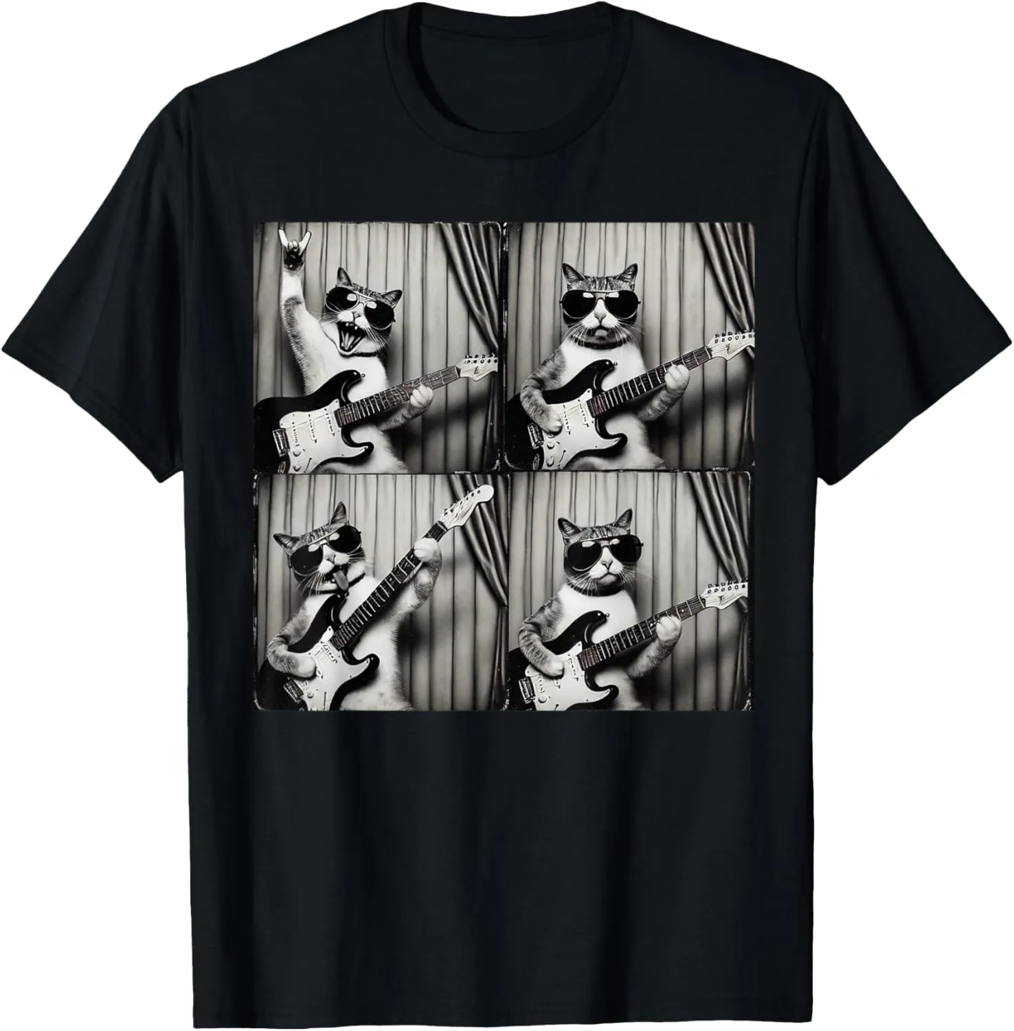 Retro Cat Playing Guitar Rock Vintage Funny Cat Photobooth T-Shirt