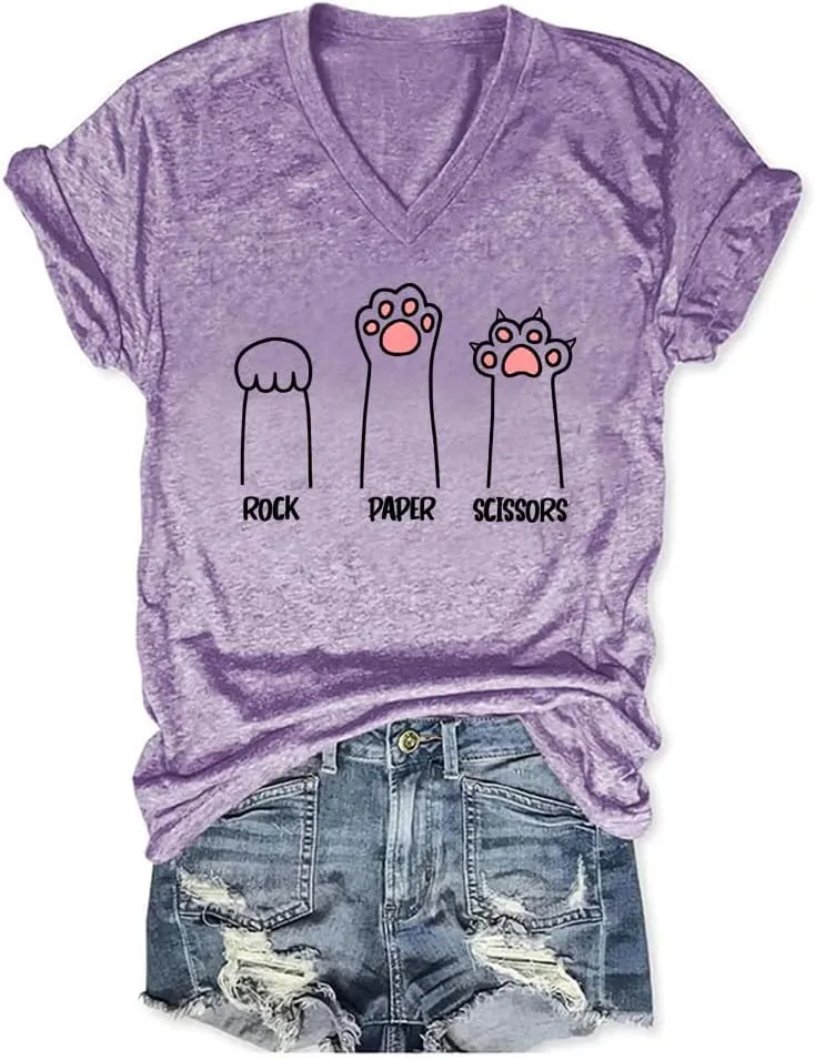 Rock Paper Scissors Cat Paw Print Funny Cat Shirts for Women Graphic Tees