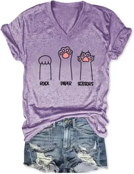 Rock Paper Scissors Cat Paw Print Funny Cat Shirts for Women Graphic Tees