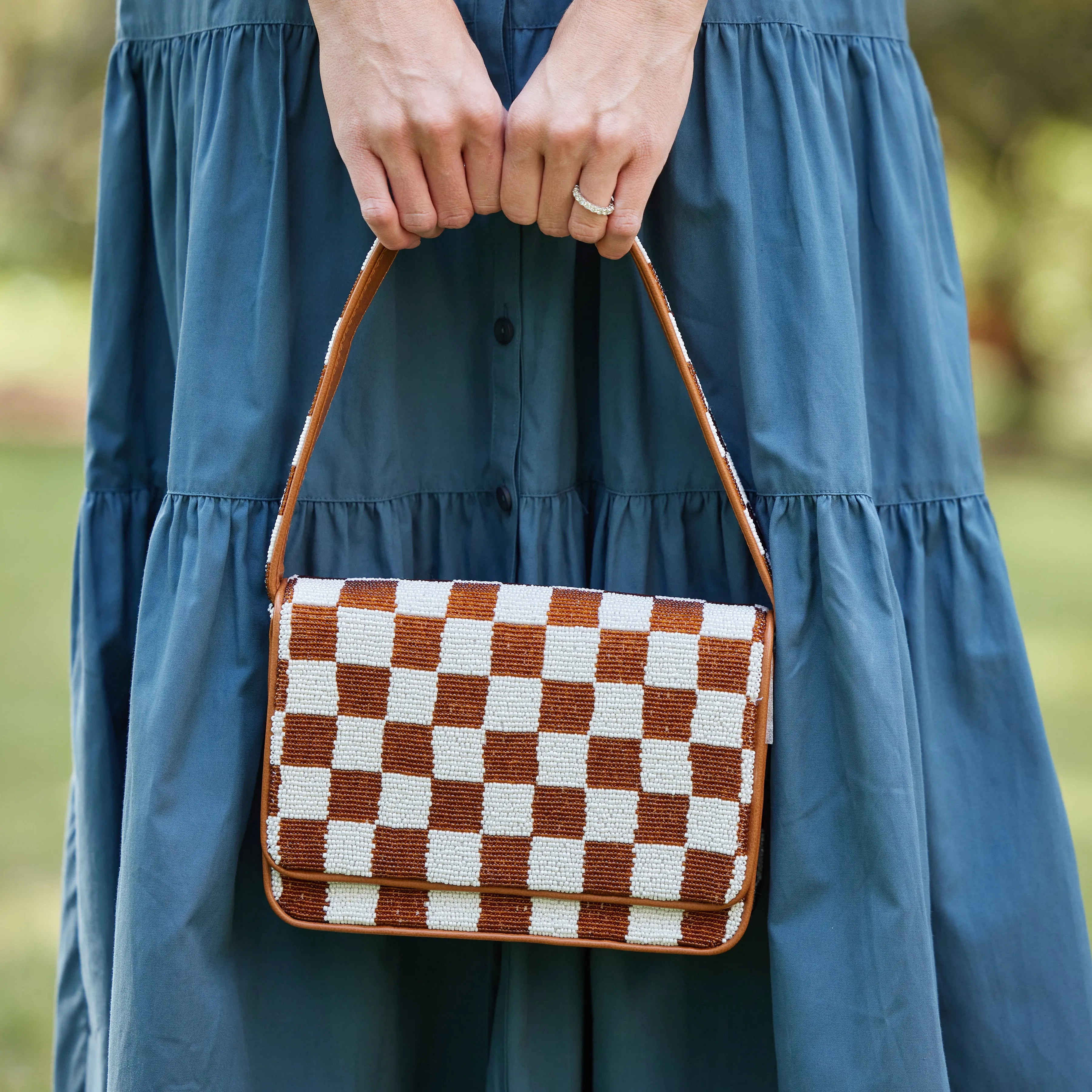 SAMPLE - Beaded Shoulder Bag - Brown and White Checkerboard