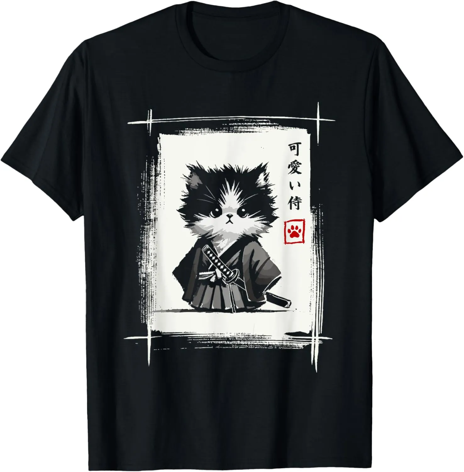 Samurai Cat Japanese Art Sumi-e Novelty Kawaii Funny Cat T-Shirt