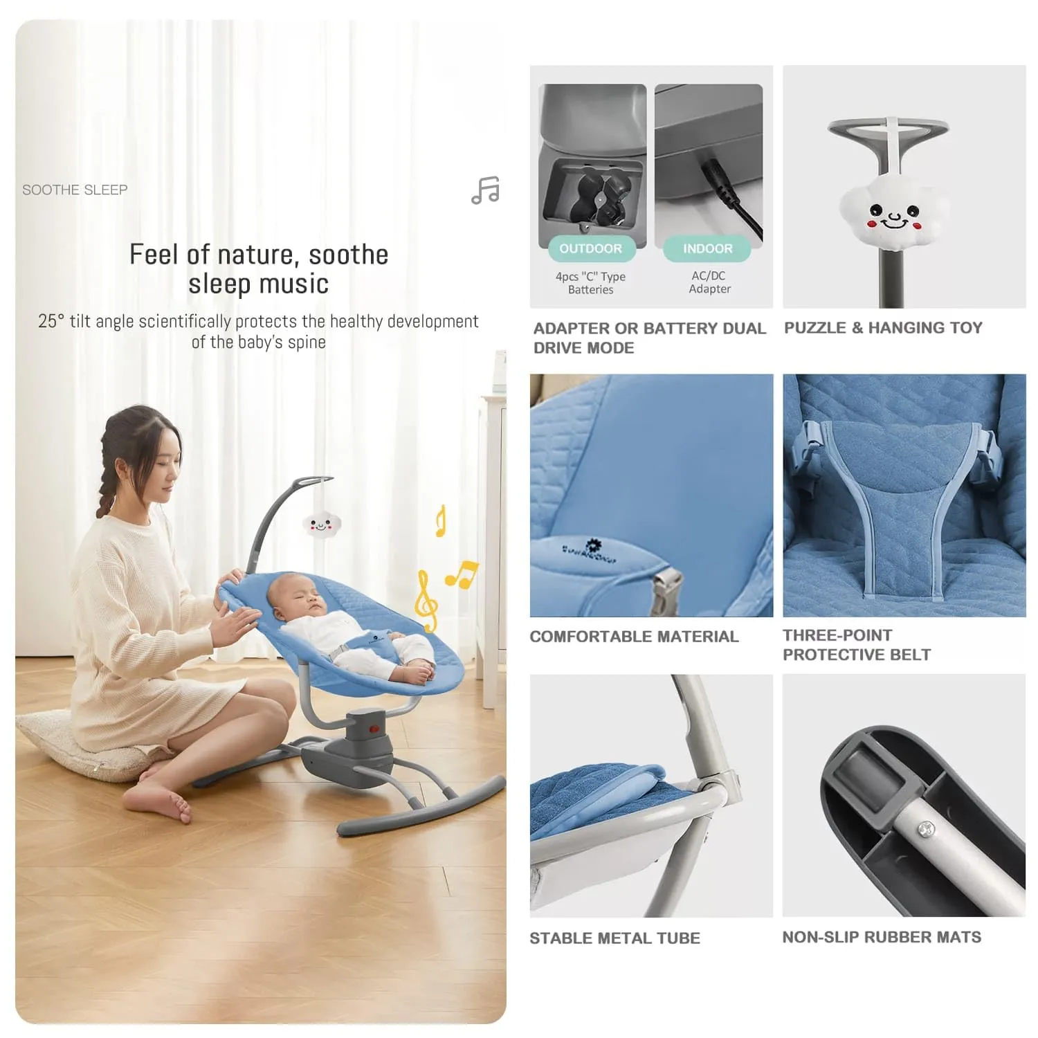 StarAndDaisy 3 in 1 Electric Swing Rocker for New Born Baby 0 to 2 Years Girl & Boy with Detachable Feeding Tray, Backrest Adjustment, Bluetooth Playback (Blue)