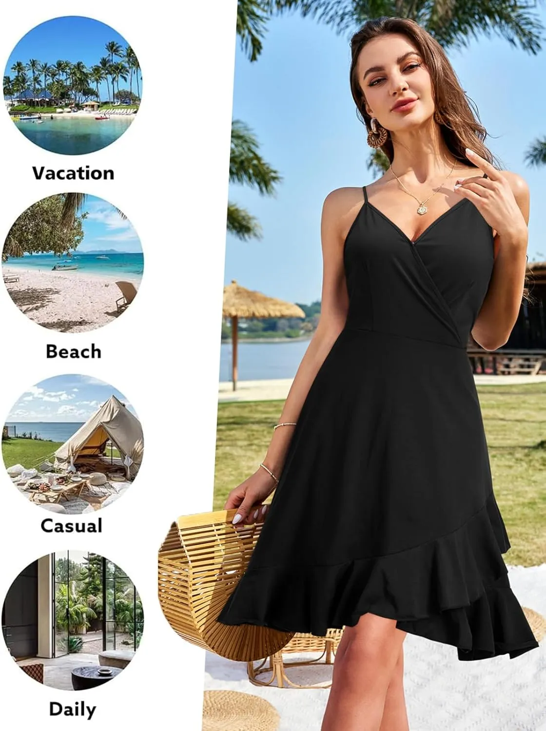 ULTRANICE Womens Summer Dresses Floral V Neck Ruffled Hem Spaghetti Spring Casual Beach Outfits Flowy Wrap Sun Dress