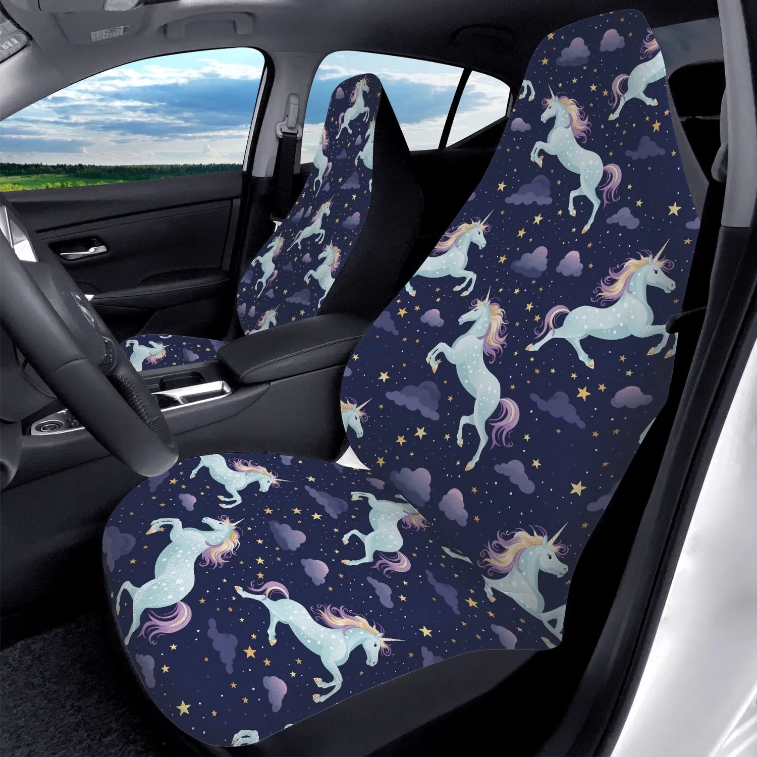 Unicorn Car Seat Covers (2 pcs), Stars Cute Pattern Front Seat Dog Pet Auto Vehicle SUV Universal Protector Accessory Men Women