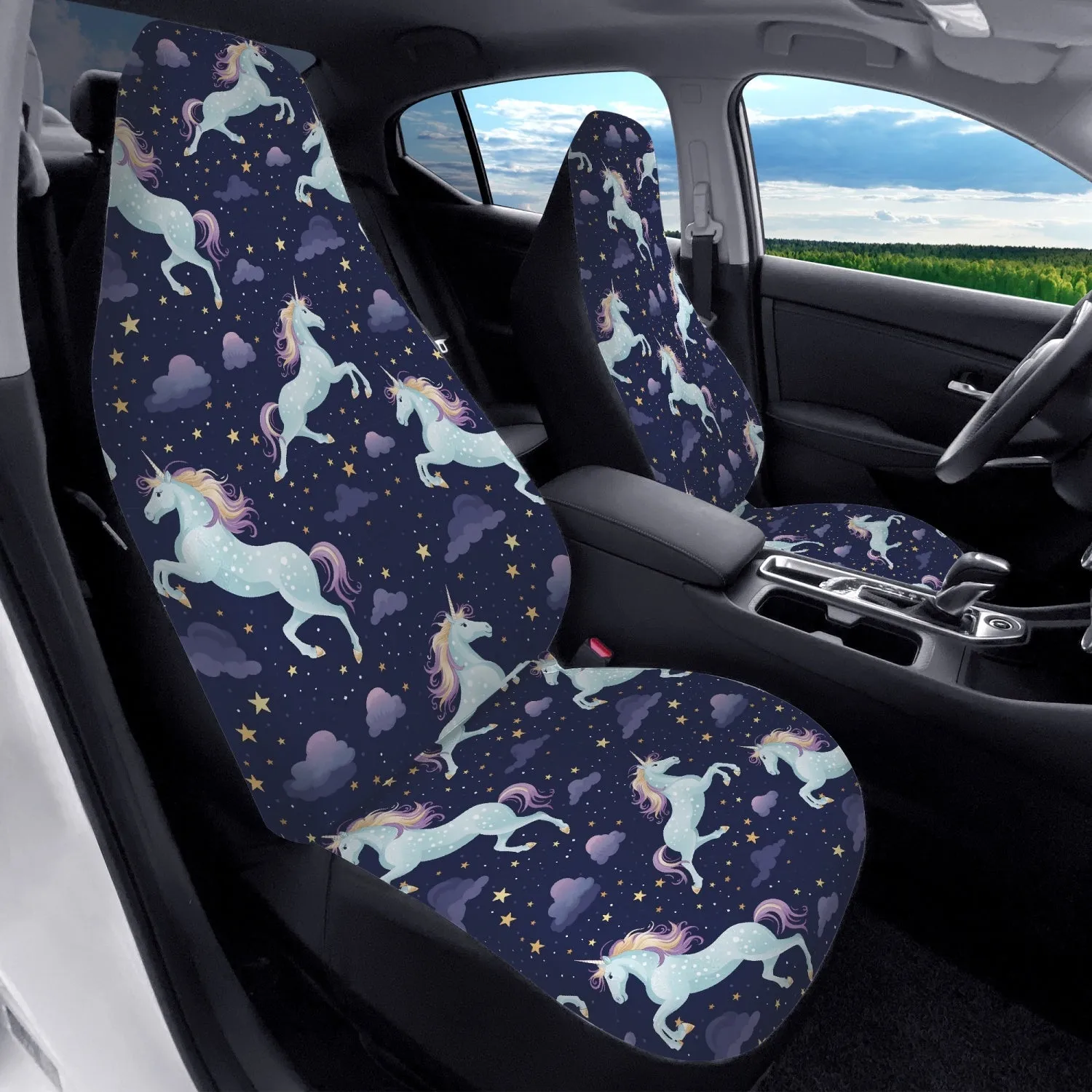 Unicorn Car Seat Covers (2 pcs), Stars Cute Pattern Front Seat Dog Pet Auto Vehicle SUV Universal Protector Accessory Men Women
