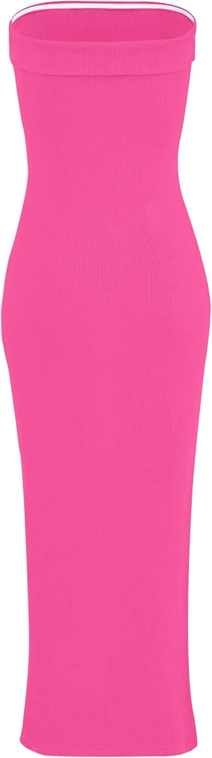WIHOLL Womens Summer Dresses 2025 Fall Bodycon Maxi Tube Dress Strapless Side Slit Vacation Outfits
