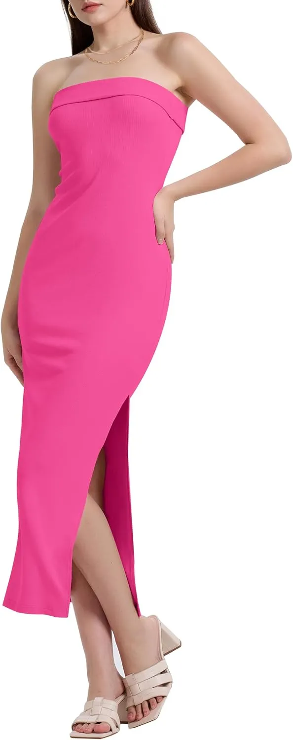 WIHOLL Womens Summer Dresses 2025 Fall Bodycon Maxi Tube Dress Strapless Side Slit Vacation Outfits