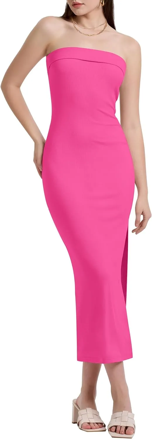 WIHOLL Womens Summer Dresses 2025 Fall Bodycon Maxi Tube Dress Strapless Side Slit Vacation Outfits