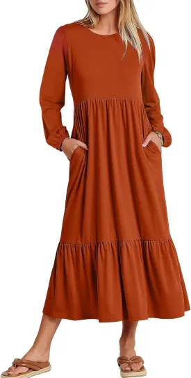 Women's Casual Long Sleeve Midi Dress 2024 Fall Crewneck A Line Tiered Flowy Loose Trendy Dresses with Pockets
