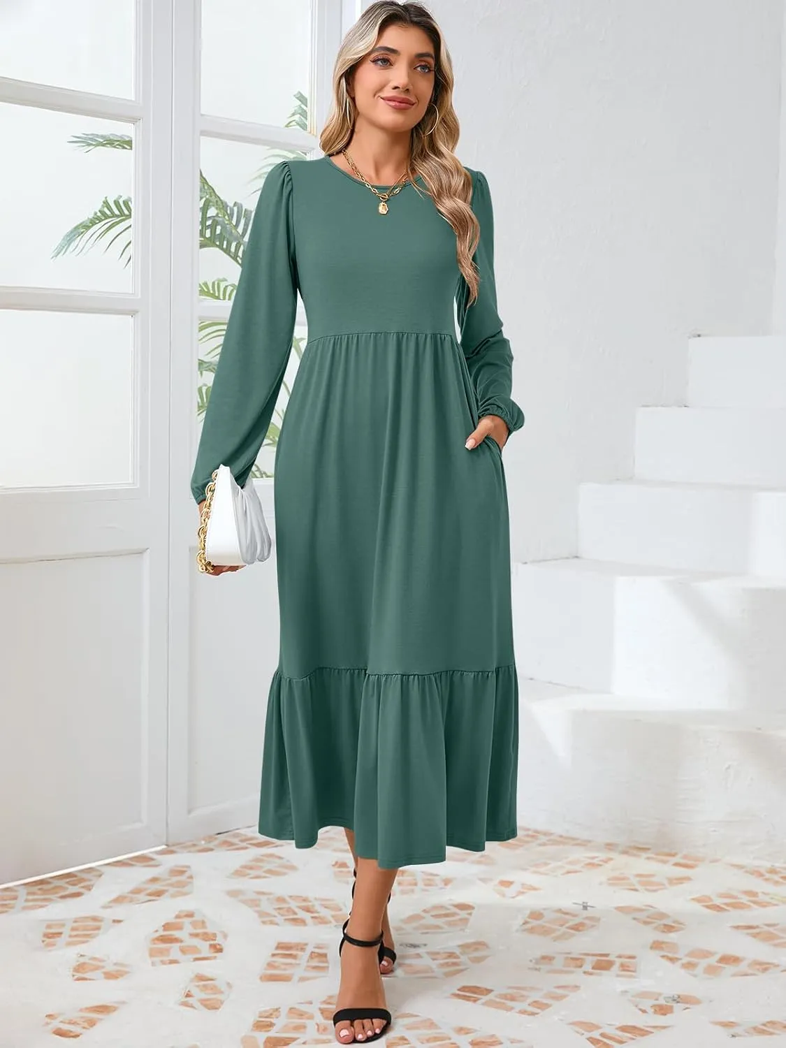 Women's Casual Long Sleeve Midi Dress 2024 Fall Crewneck A Line Tiered Flowy Loose Trendy Dresses with Pockets