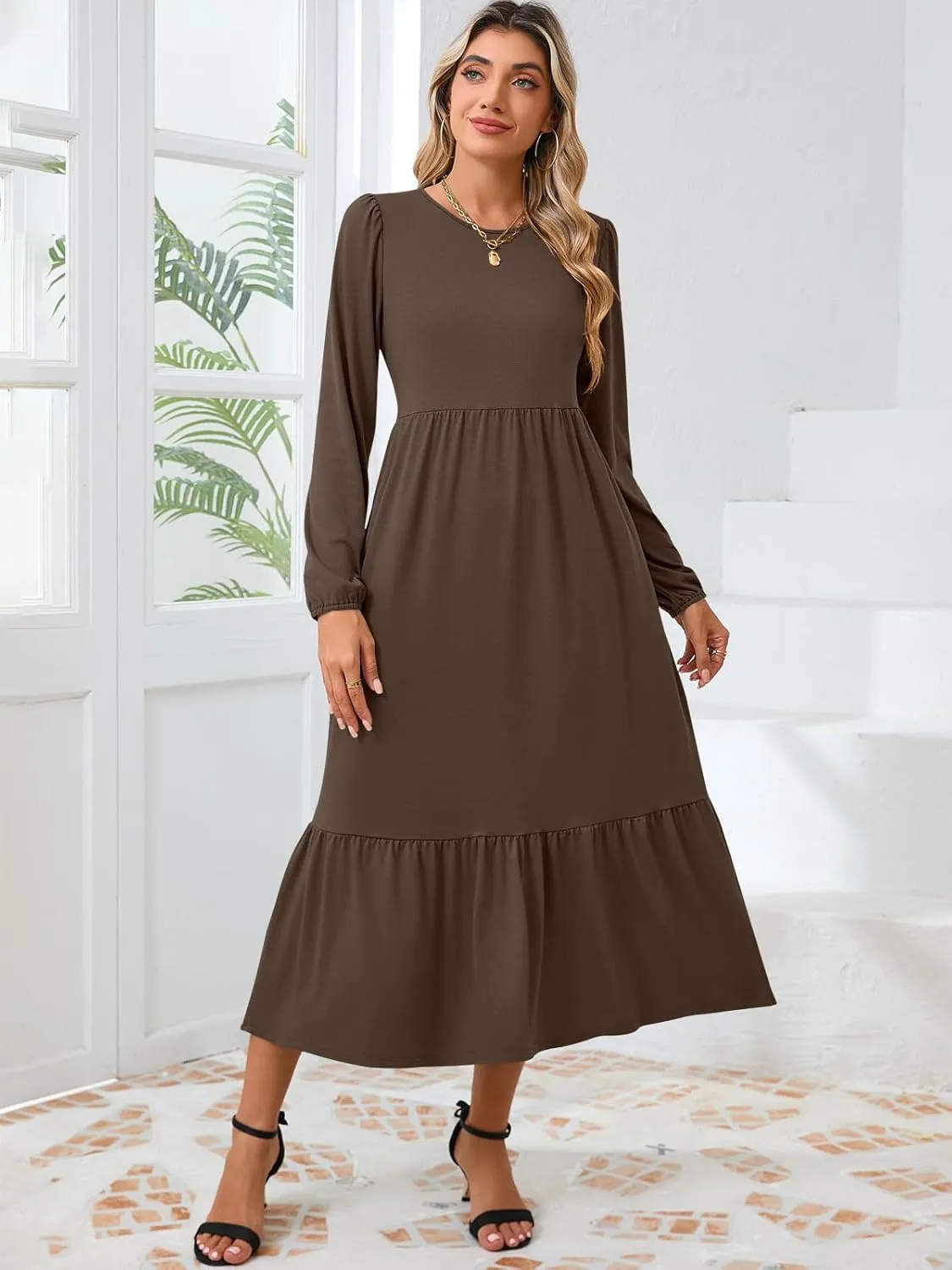 Women's Casual Long Sleeve Midi Dress 2024 Fall Crewneck A Line Tiered Flowy Loose Trendy Dresses with Pockets