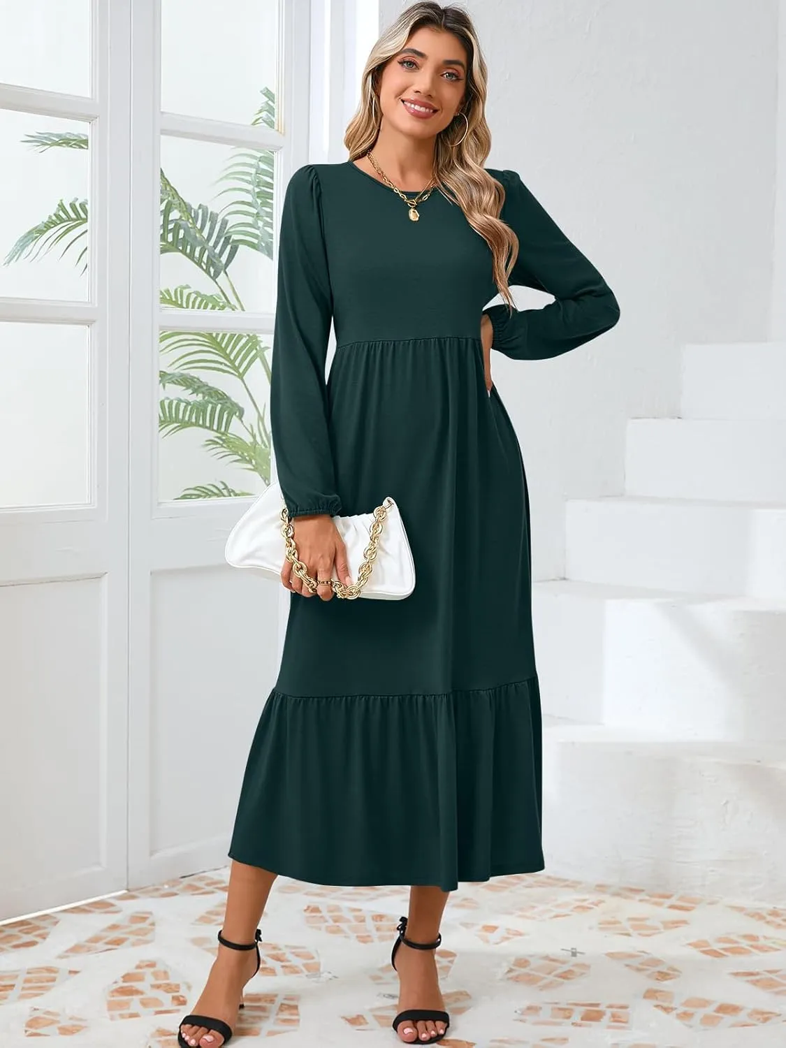 Women's Casual Long Sleeve Midi Dress 2024 Fall Crewneck A Line Tiered Flowy Loose Trendy Dresses with Pockets