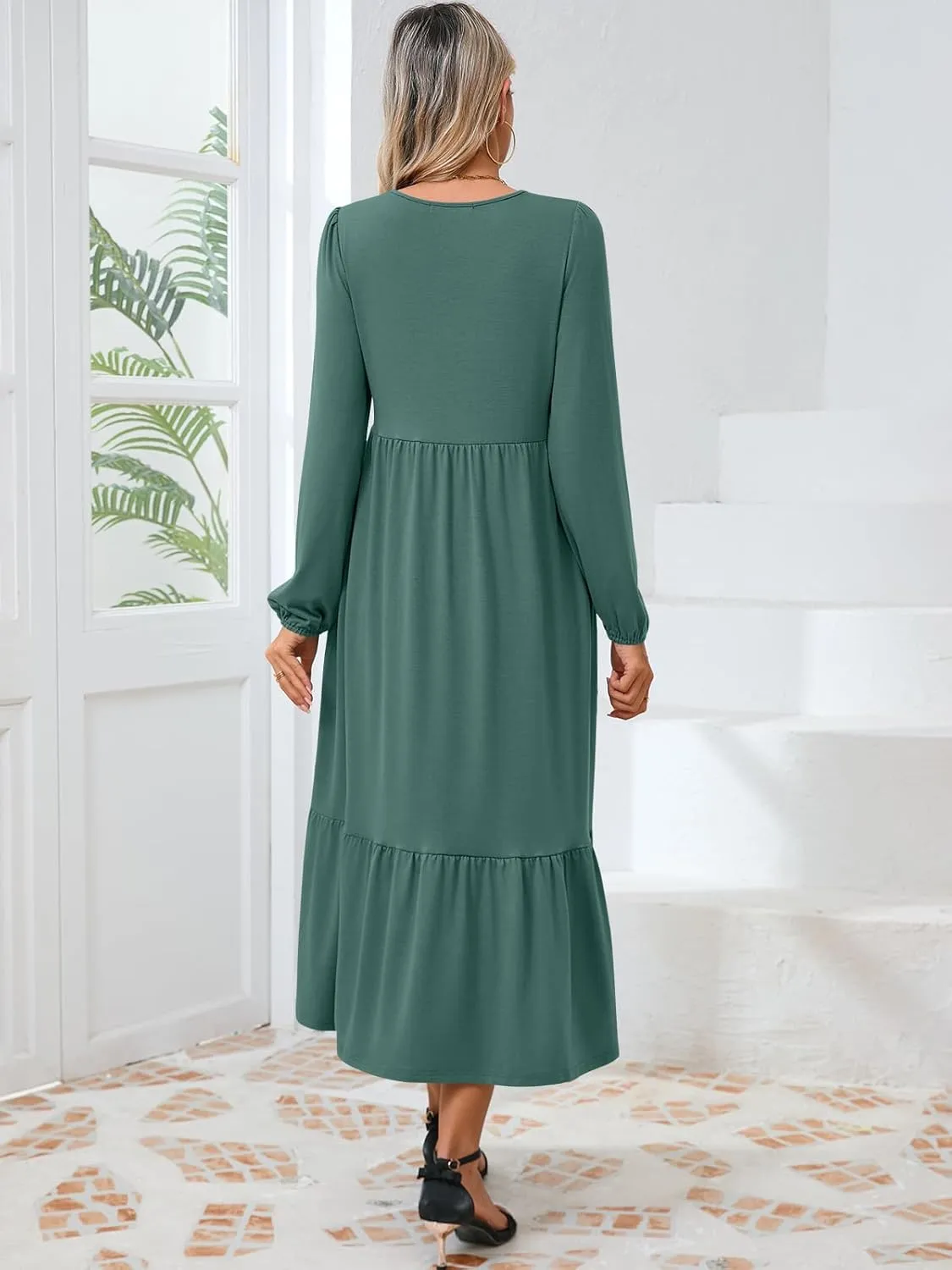 Women's Casual Long Sleeve Midi Dress 2024 Fall Crewneck A Line Tiered Flowy Loose Trendy Dresses with Pockets