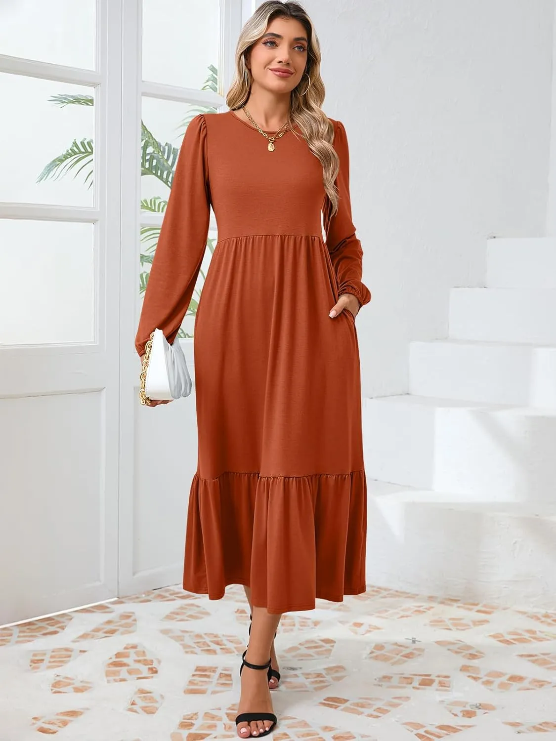 Women's Casual Long Sleeve Midi Dress 2024 Fall Crewneck A Line Tiered Flowy Loose Trendy Dresses with Pockets