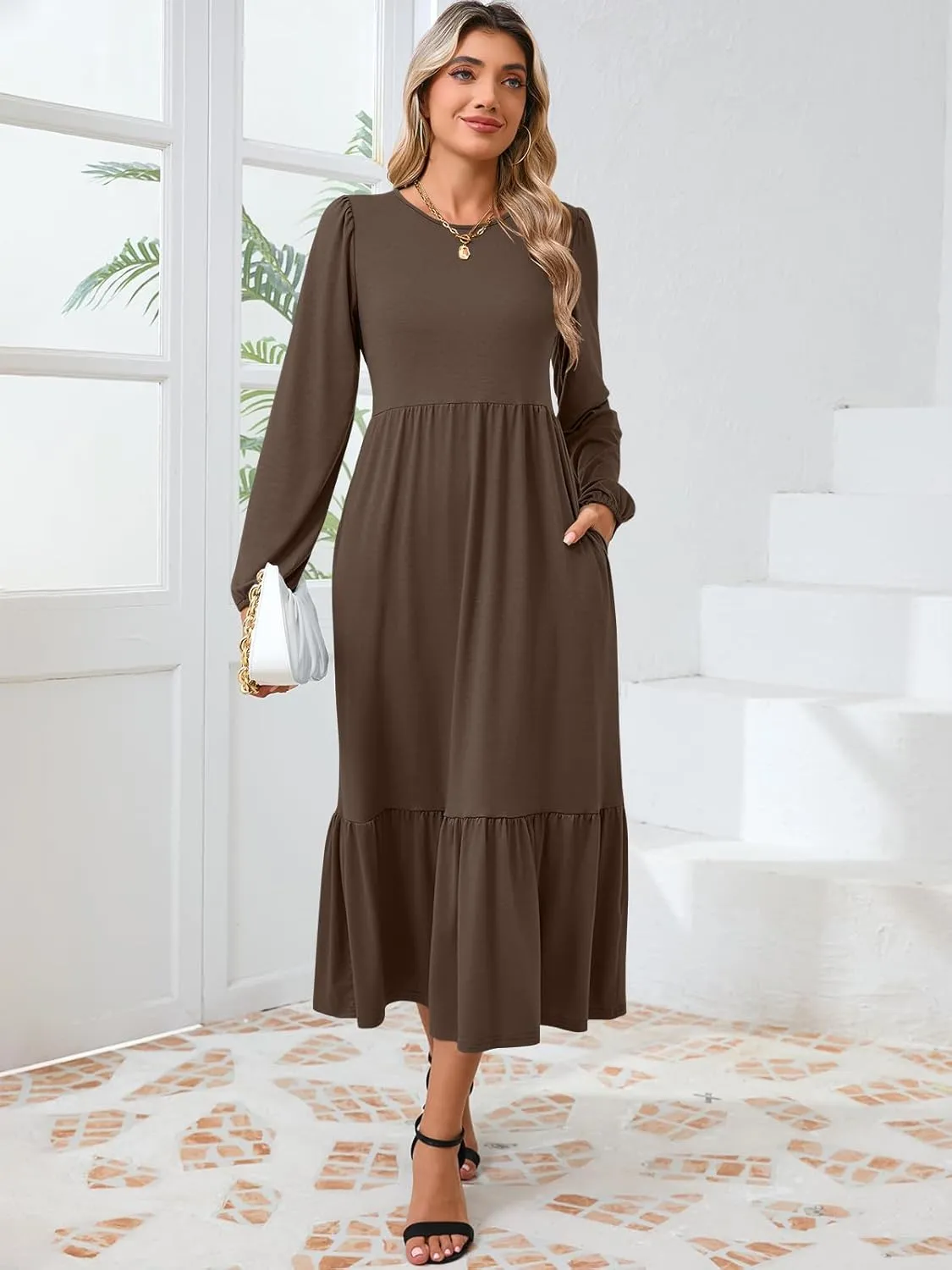 Women's Casual Long Sleeve Midi Dress 2024 Fall Crewneck A Line Tiered Flowy Loose Trendy Dresses with Pockets