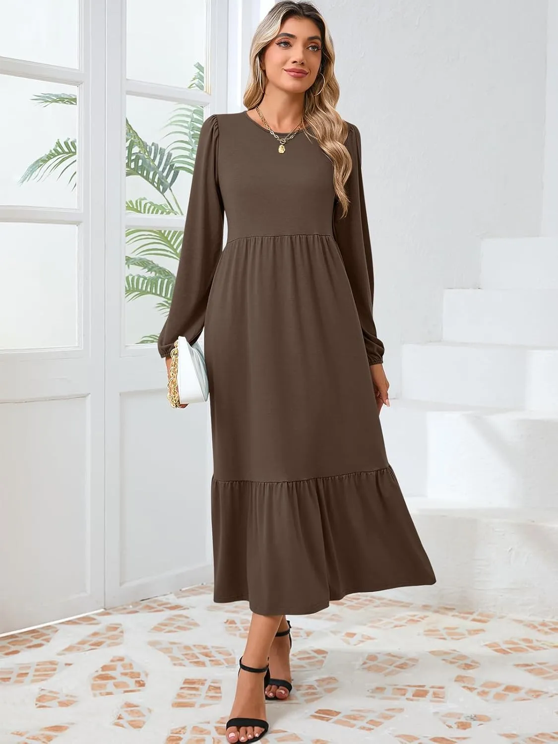 Women's Casual Long Sleeve Midi Dress 2024 Fall Crewneck A Line Tiered Flowy Loose Trendy Dresses with Pockets