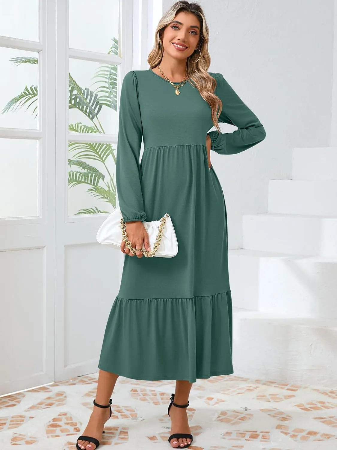 Women's Casual Long Sleeve Midi Dress 2024 Fall Crewneck A Line Tiered Flowy Loose Trendy Dresses with Pockets