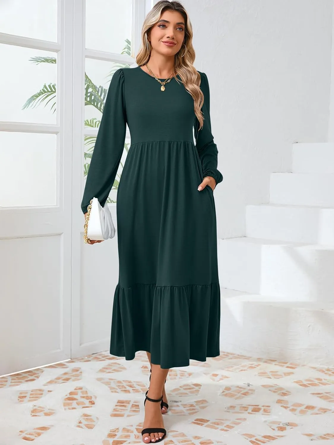 Women's Casual Long Sleeve Midi Dress 2024 Fall Crewneck A Line Tiered Flowy Loose Trendy Dresses with Pockets