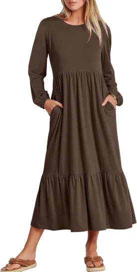 Women's Casual Long Sleeve Midi Dress 2024 Fall Crewneck A Line Tiered Flowy Loose Trendy Dresses with Pockets