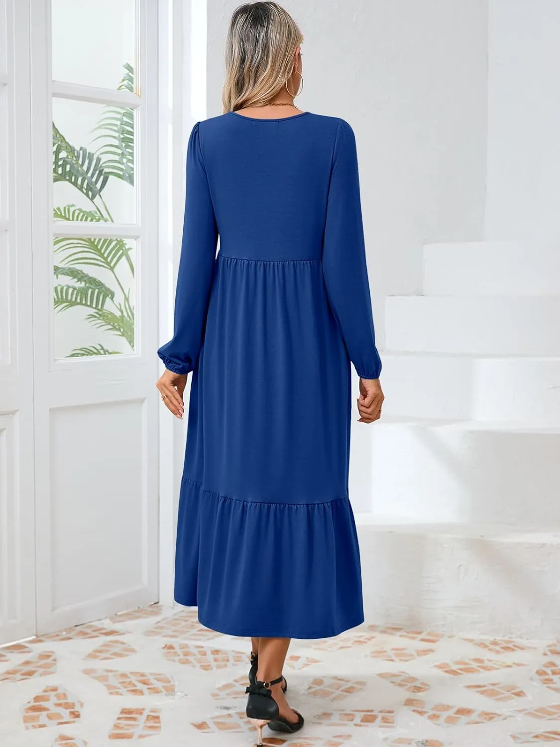 Women's Casual Long Sleeve Midi Dress 2024 Fall Crewneck A Line Tiered Flowy Loose Trendy Dresses with Pockets