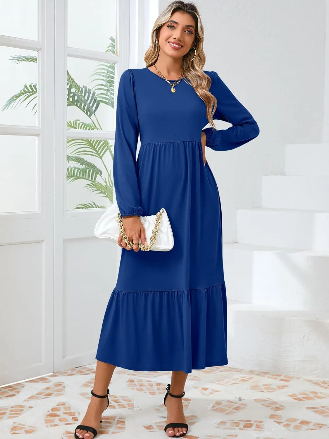 Women's Casual Long Sleeve Midi Dress 2024 Fall Crewneck A Line Tiered Flowy Loose Trendy Dresses with Pockets