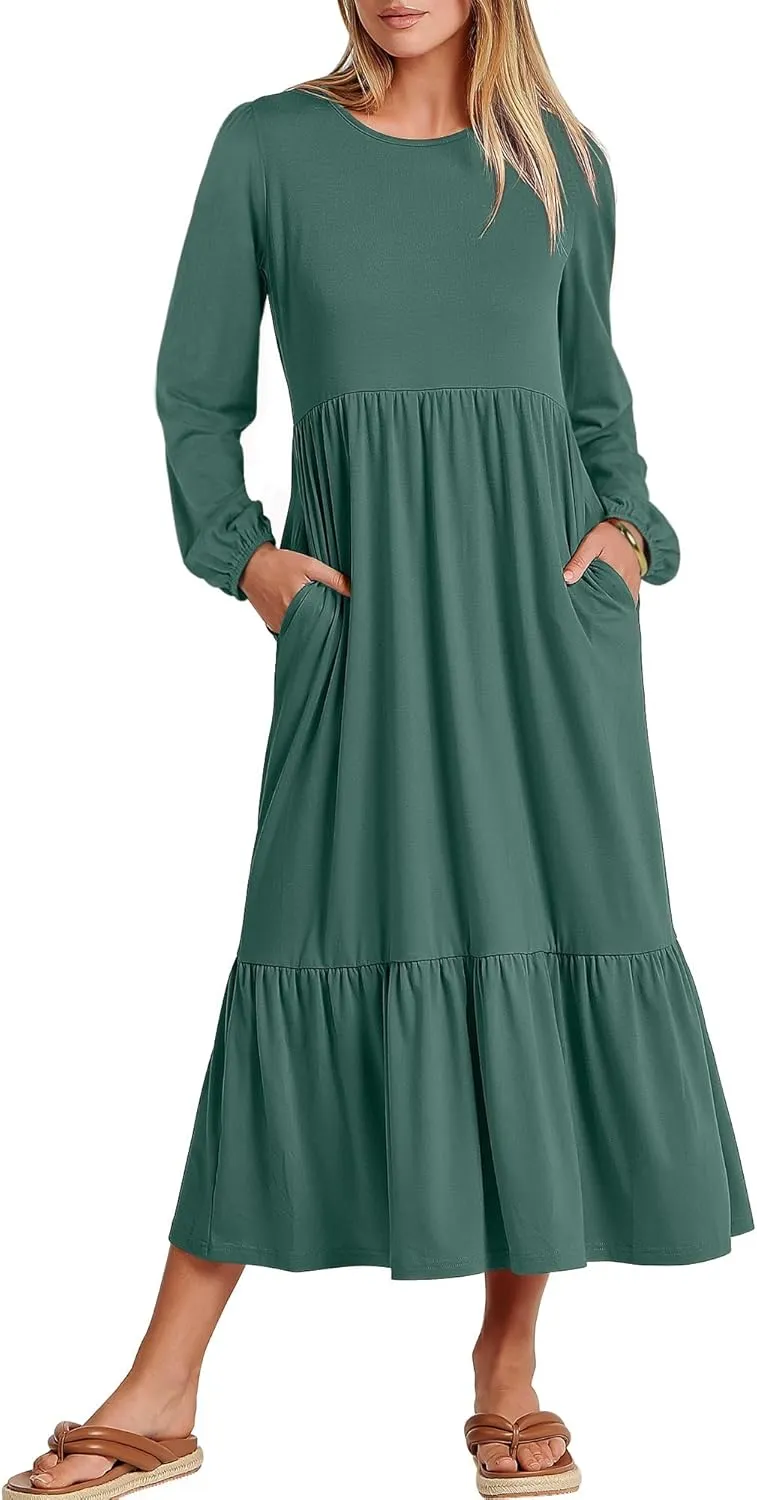 Women's Casual Long Sleeve Midi Dress 2024 Fall Crewneck A Line Tiered Flowy Loose Trendy Dresses with Pockets