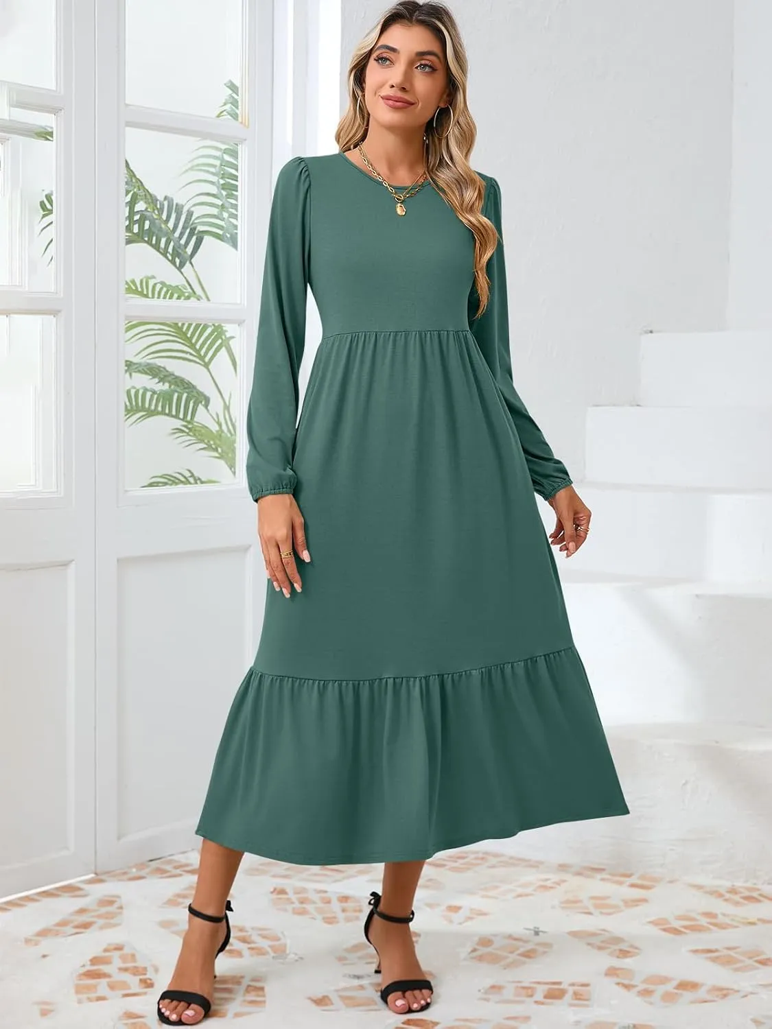 Women's Casual Long Sleeve Midi Dress 2024 Fall Crewneck A Line Tiered Flowy Loose Trendy Dresses with Pockets
