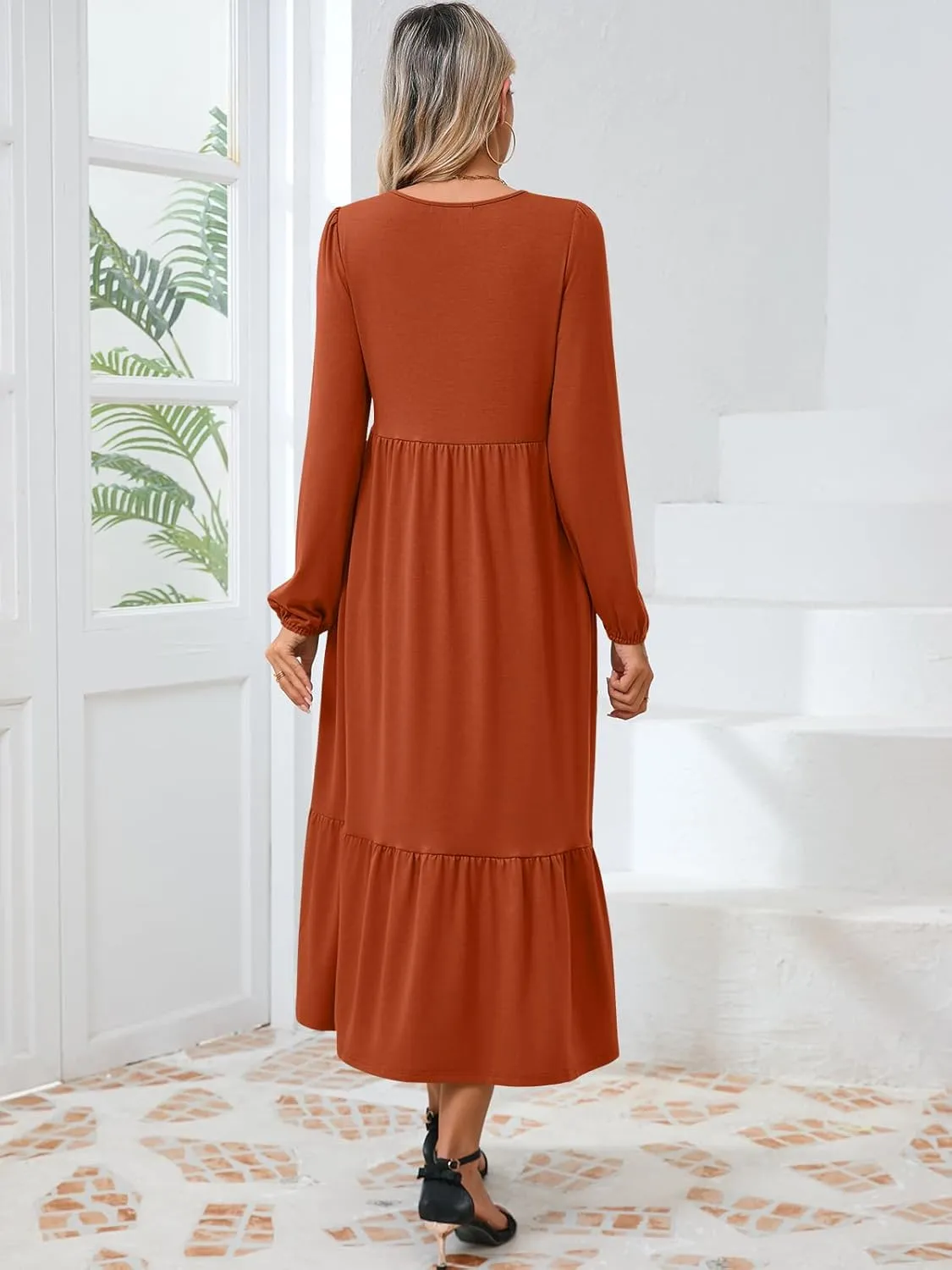 Women's Casual Long Sleeve Midi Dress 2024 Fall Crewneck A Line Tiered Flowy Loose Trendy Dresses with Pockets