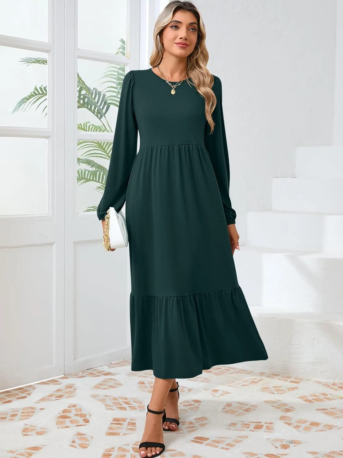 Women's Casual Long Sleeve Midi Dress 2024 Fall Crewneck A Line Tiered Flowy Loose Trendy Dresses with Pockets