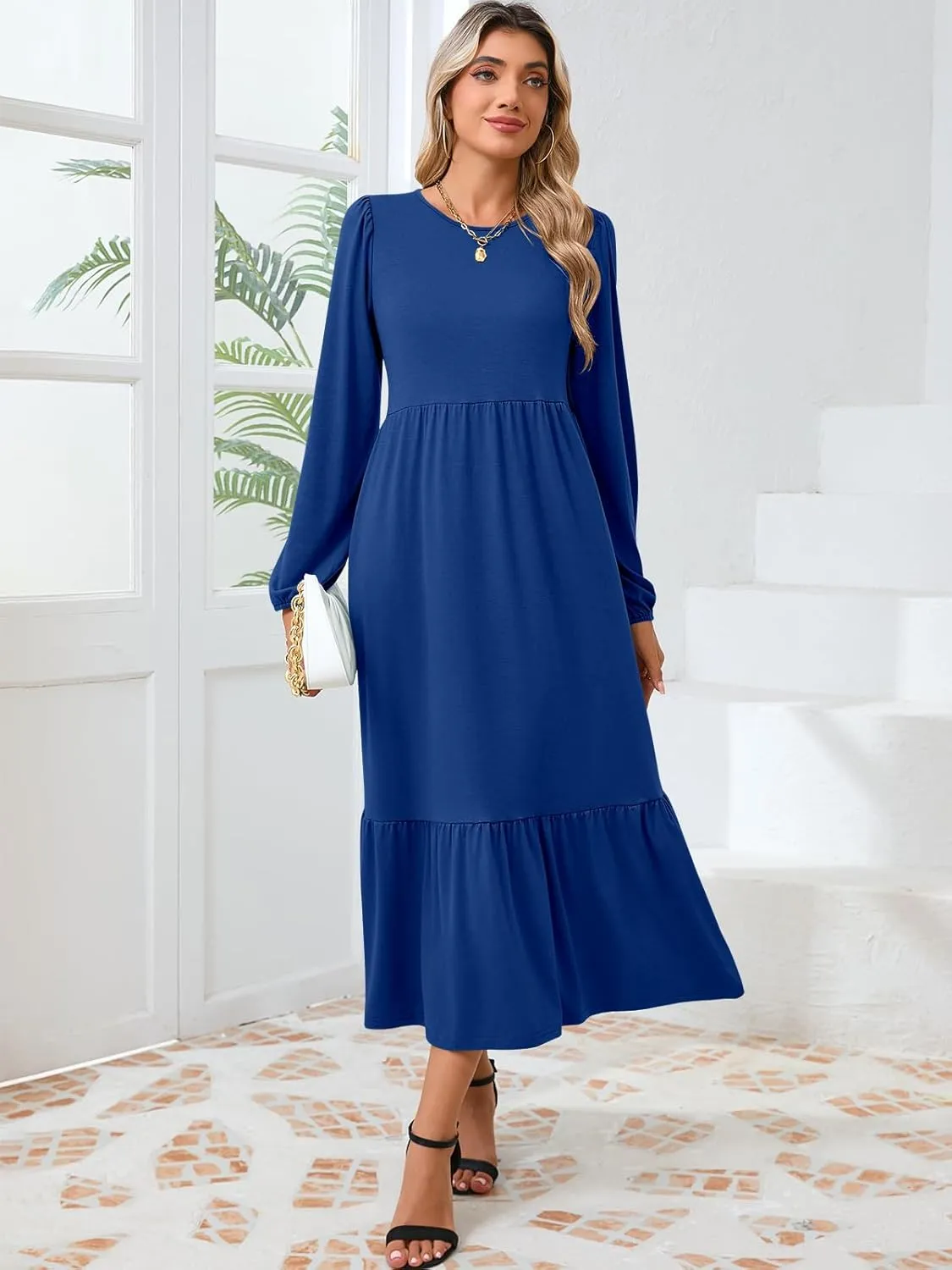 Women's Casual Long Sleeve Midi Dress 2024 Fall Crewneck A Line Tiered Flowy Loose Trendy Dresses with Pockets