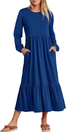 Women's Casual Long Sleeve Midi Dress 2024 Fall Crewneck A Line Tiered Flowy Loose Trendy Dresses with Pockets