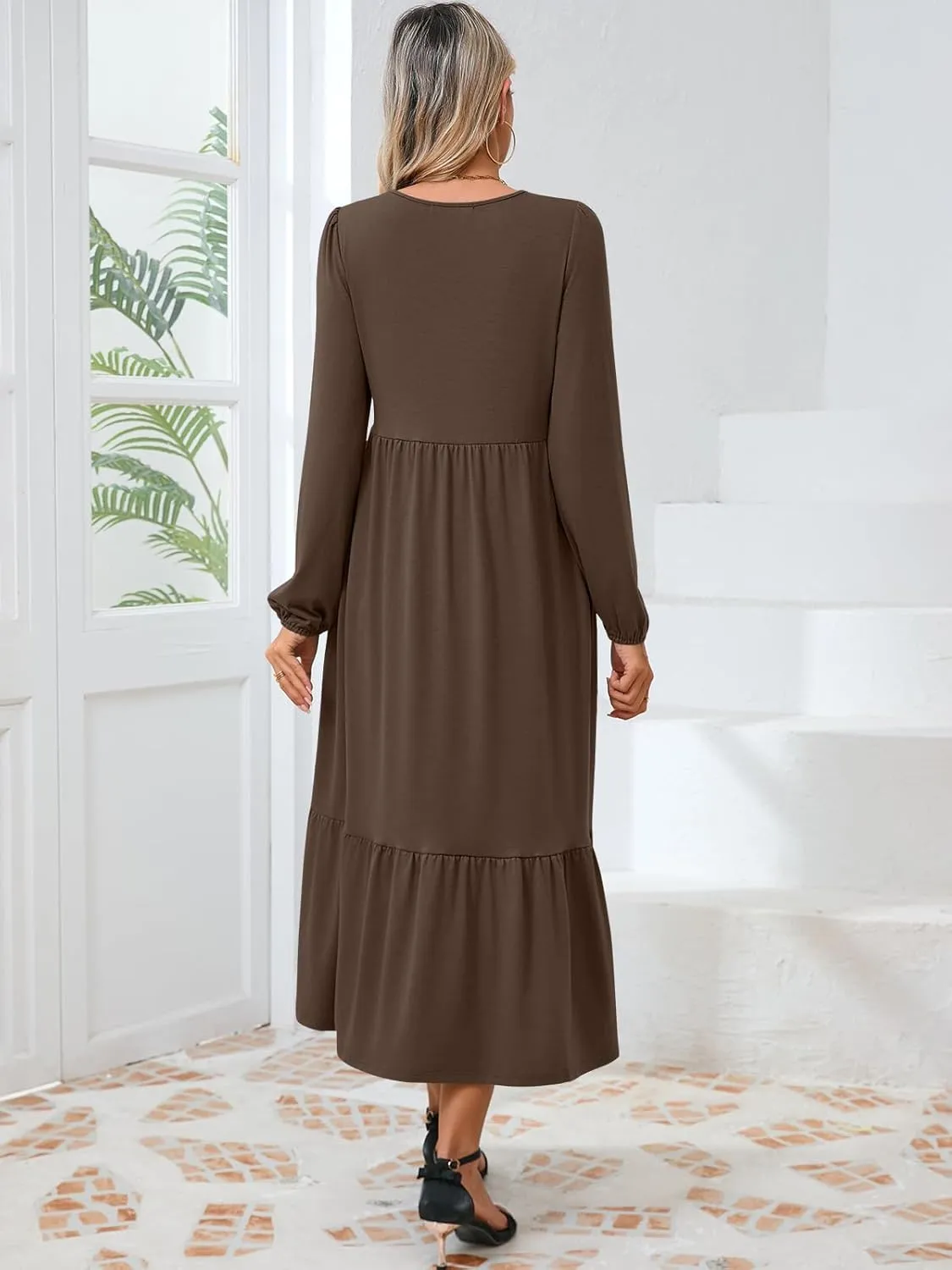 Women's Casual Long Sleeve Midi Dress 2024 Fall Crewneck A Line Tiered Flowy Loose Trendy Dresses with Pockets