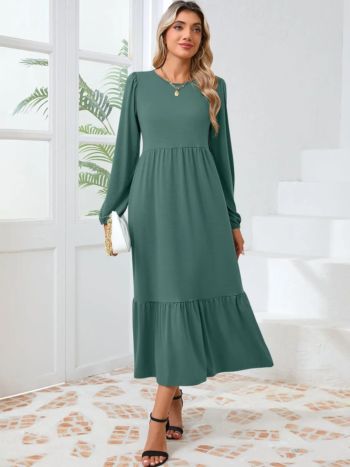 Women's Casual Long Sleeve Midi Dress 2024 Fall Crewneck A Line Tiered Flowy Loose Trendy Dresses with Pockets
