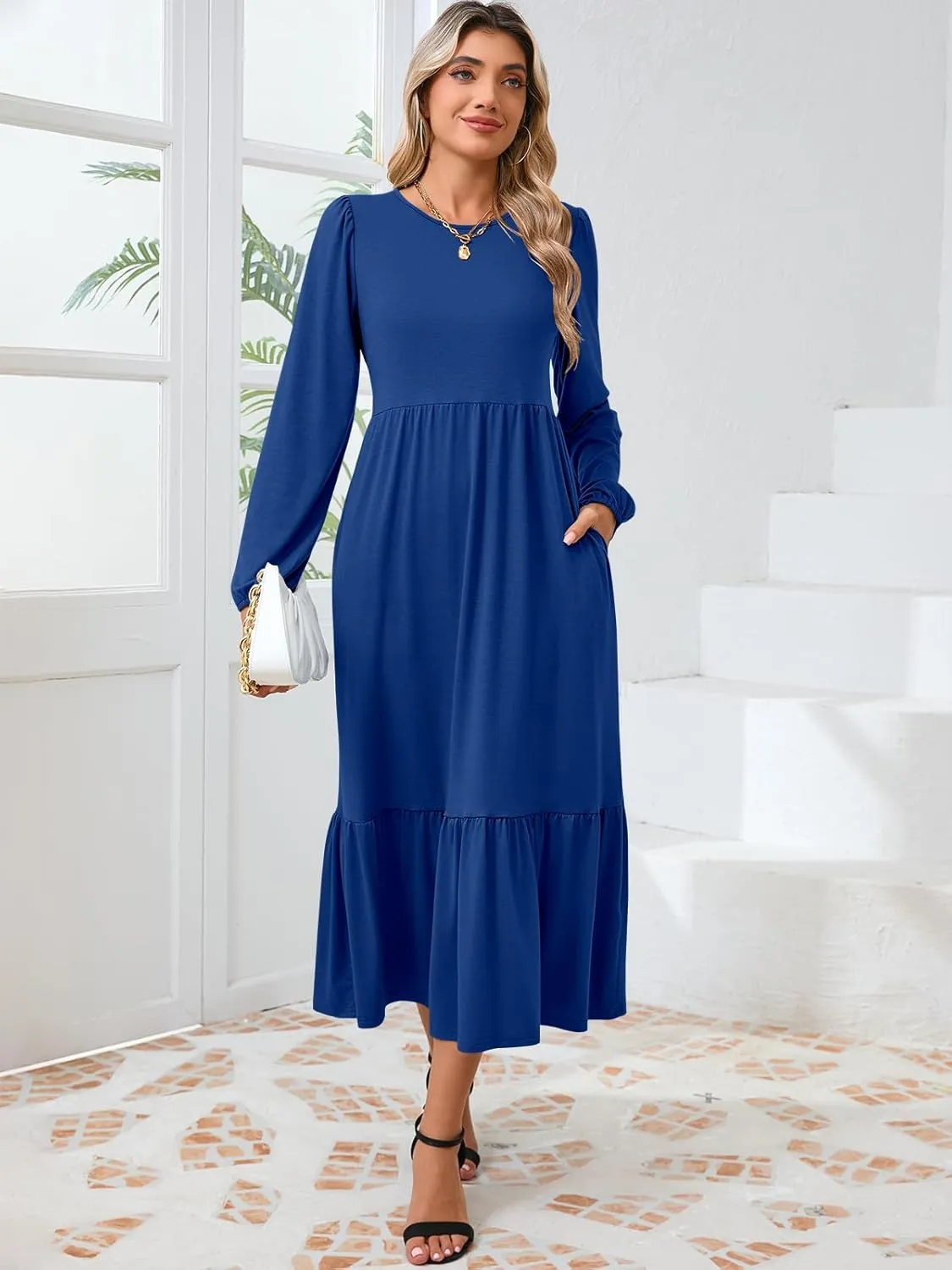 Women's Casual Long Sleeve Midi Dress 2024 Fall Crewneck A Line Tiered Flowy Loose Trendy Dresses with Pockets