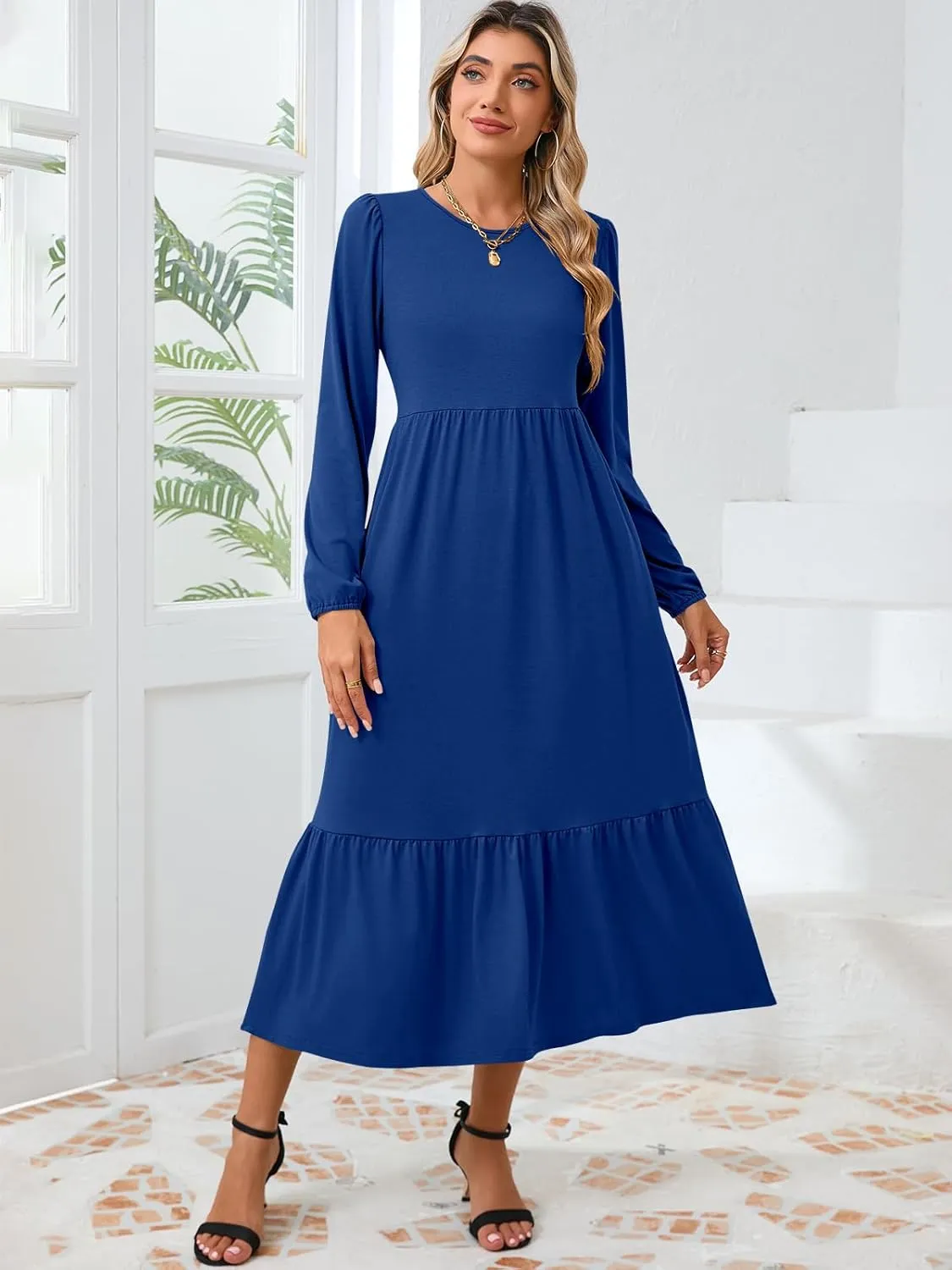 Women's Casual Long Sleeve Midi Dress 2024 Fall Crewneck A Line Tiered Flowy Loose Trendy Dresses with Pockets