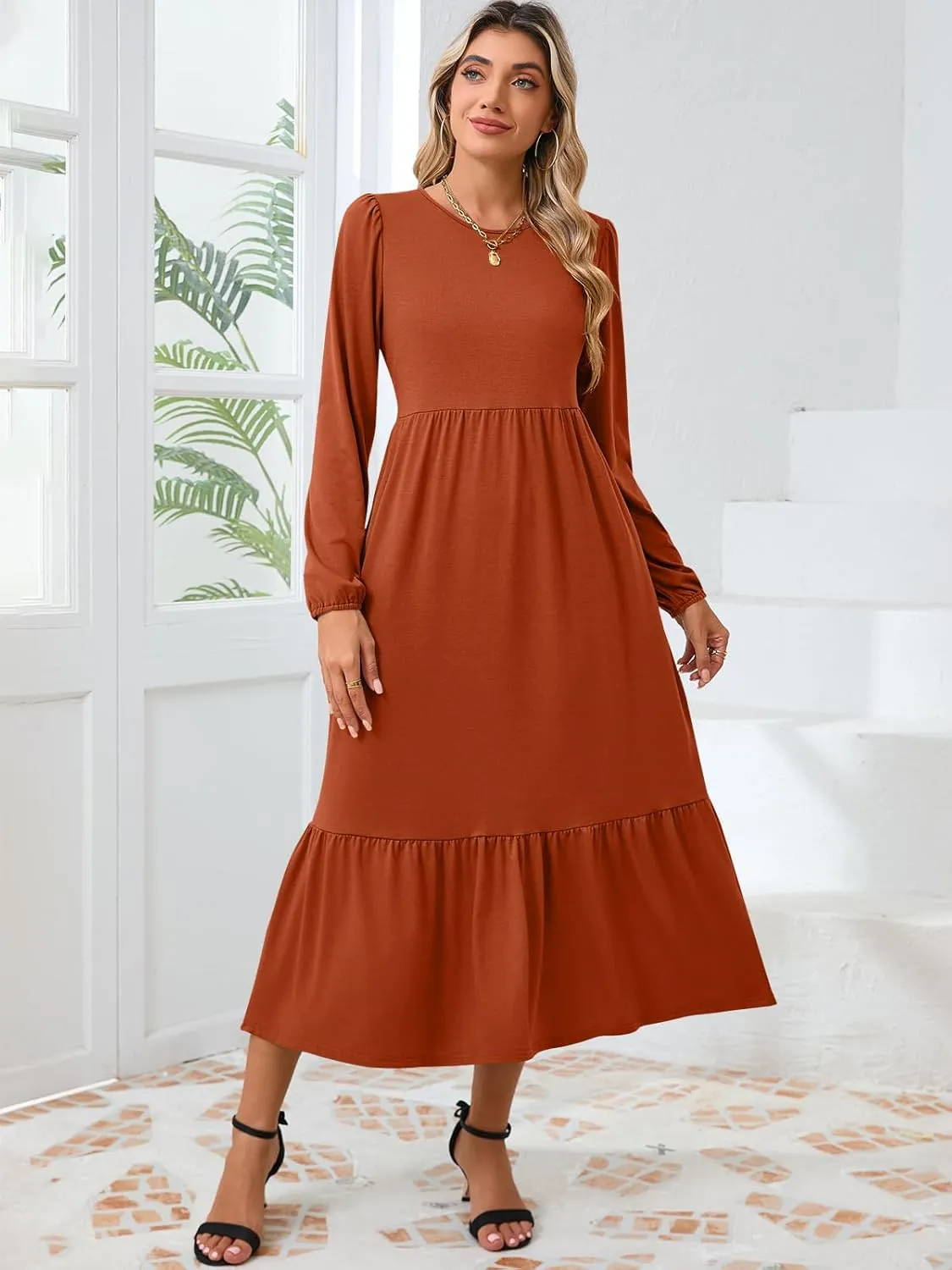 Women's Casual Long Sleeve Midi Dress 2024 Fall Crewneck A Line Tiered Flowy Loose Trendy Dresses with Pockets