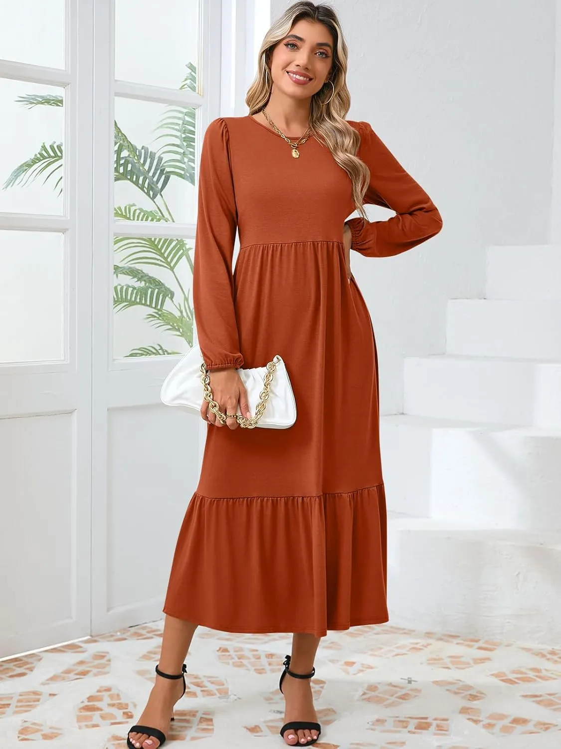 Women's Casual Long Sleeve Midi Dress 2024 Fall Crewneck A Line Tiered Flowy Loose Trendy Dresses with Pockets