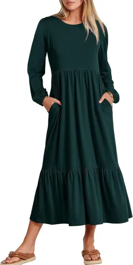 Women's Casual Long Sleeve Midi Dress 2024 Fall Crewneck A Line Tiered Flowy Loose Trendy Dresses with Pockets