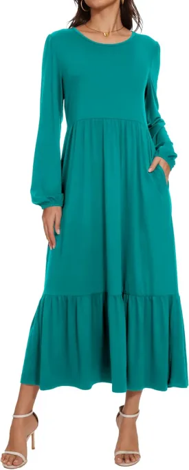 Women's Casual Long Sleeve Midi Dress 2025 Summer Crewneck Loose Fit Lounge Dresses with Pockets