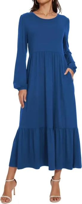 Women's Casual Long Sleeve Midi Dress 2025 Summer Crewneck Loose Fit Lounge Dresses with Pockets