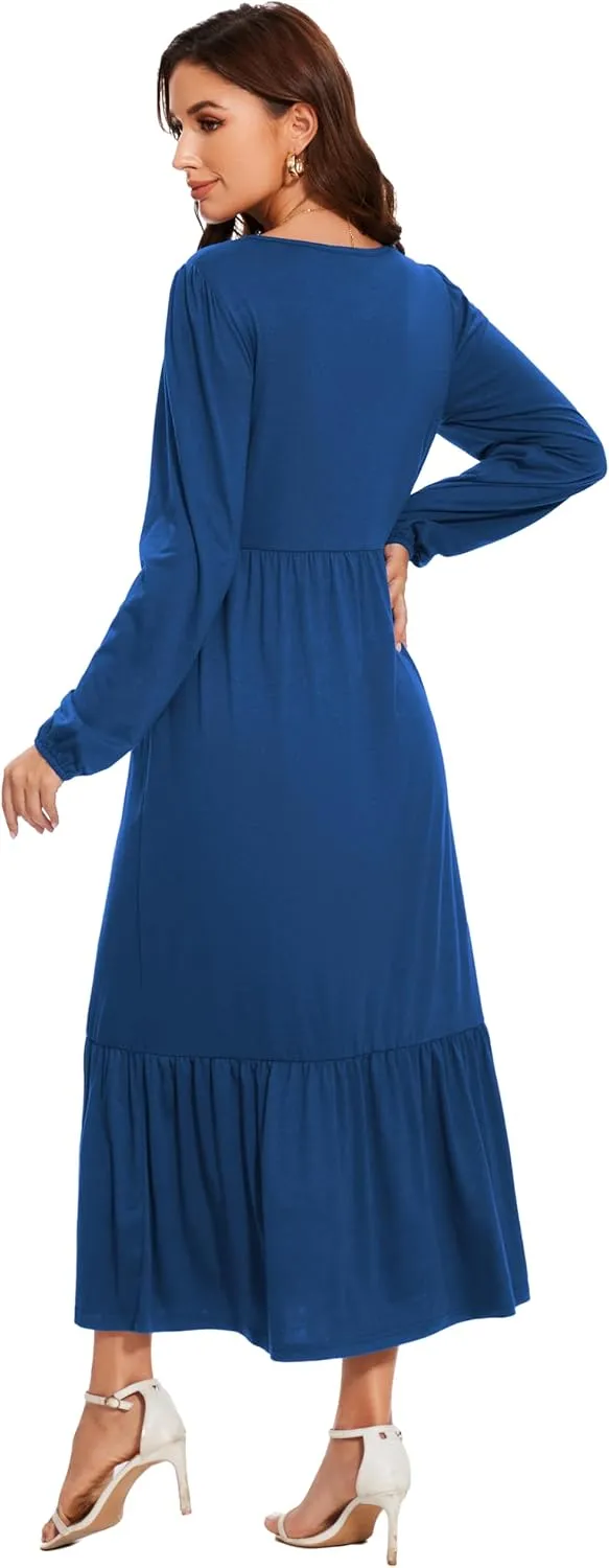Women's Casual Long Sleeve Midi Dress 2025 Summer Crewneck Loose Fit Lounge Dresses with Pockets
