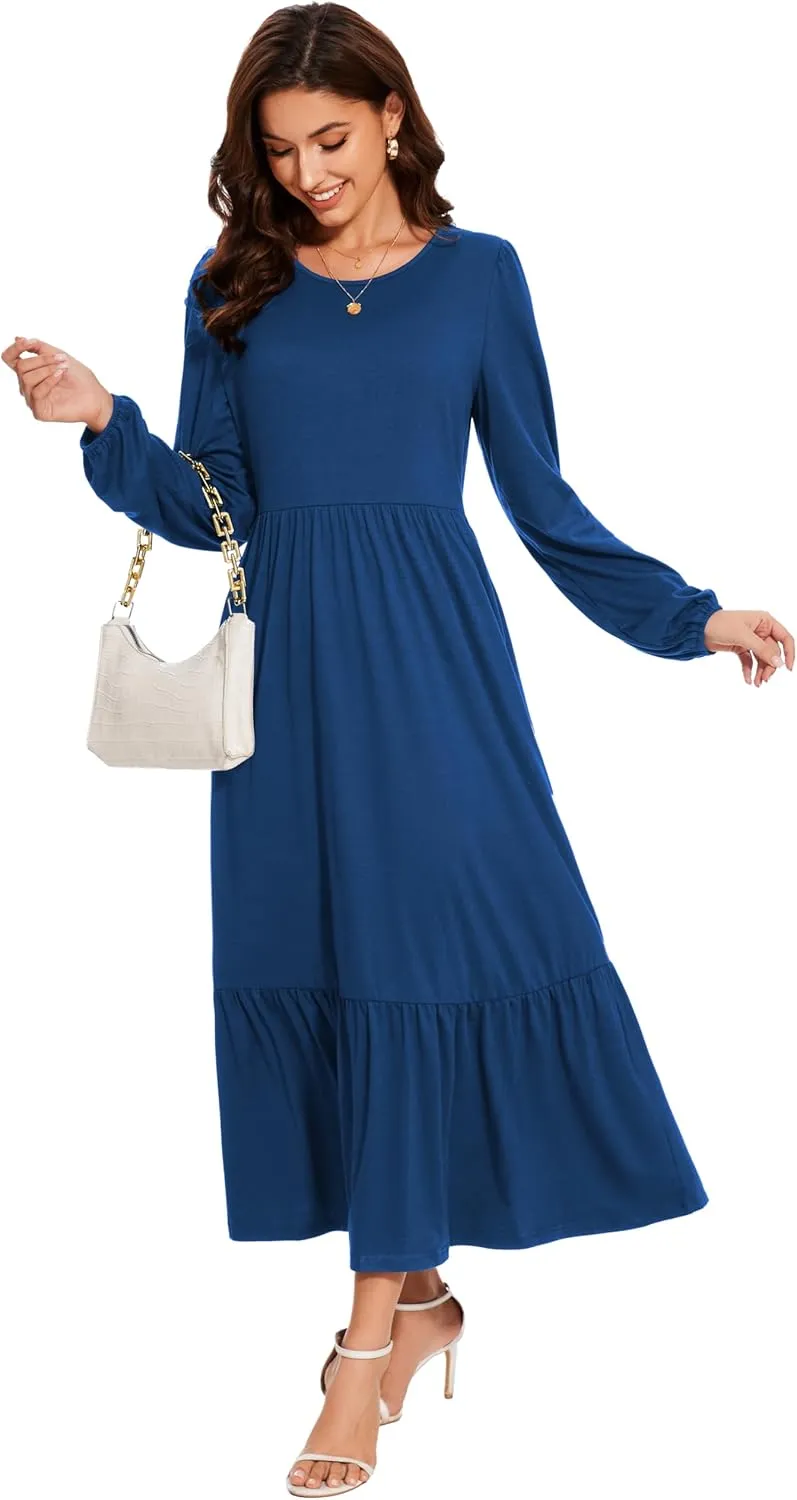 Women's Casual Long Sleeve Midi Dress 2025 Summer Crewneck Loose Fit Lounge Dresses with Pockets