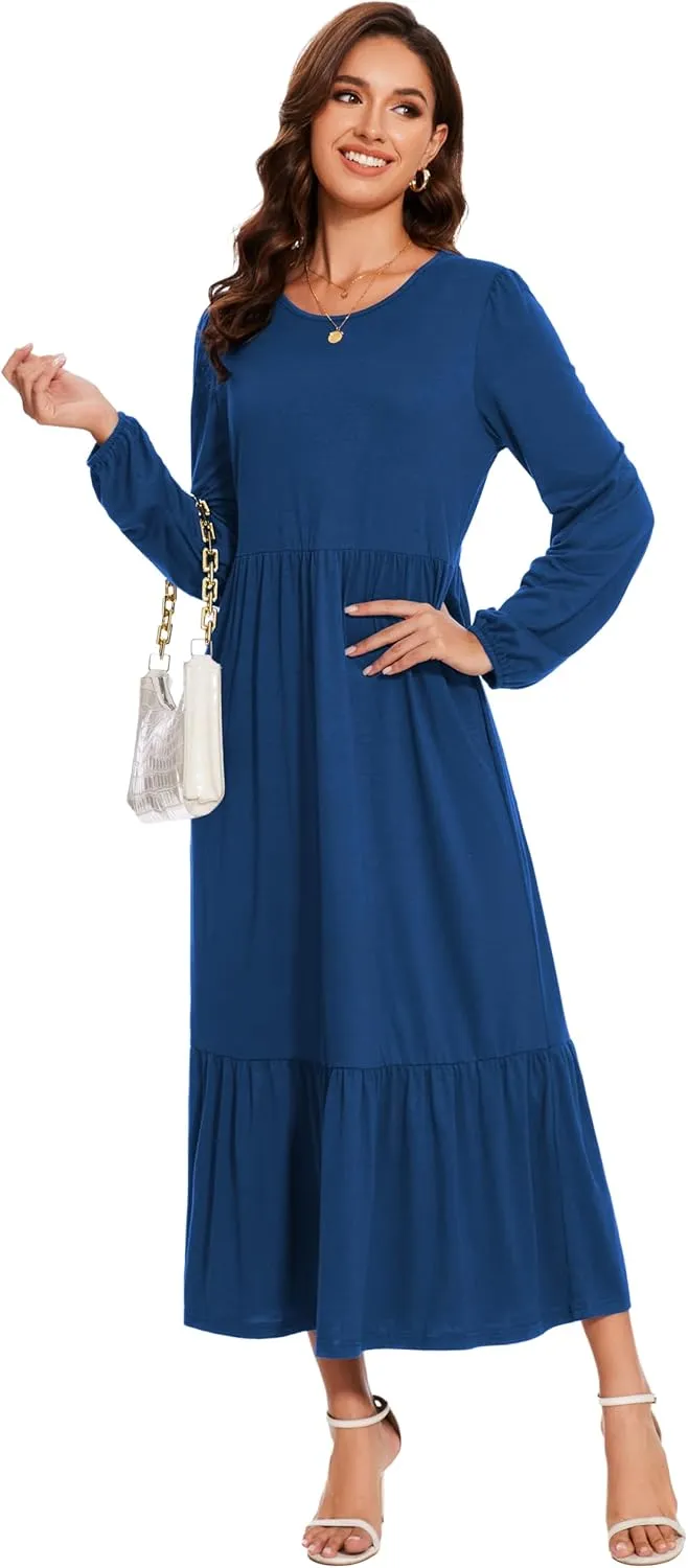 Women's Casual Long Sleeve Midi Dress 2025 Summer Crewneck Loose Fit Lounge Dresses with Pockets