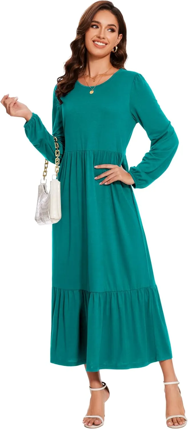 Women's Casual Long Sleeve Midi Dress 2025 Summer Crewneck Loose Fit Lounge Dresses with Pockets