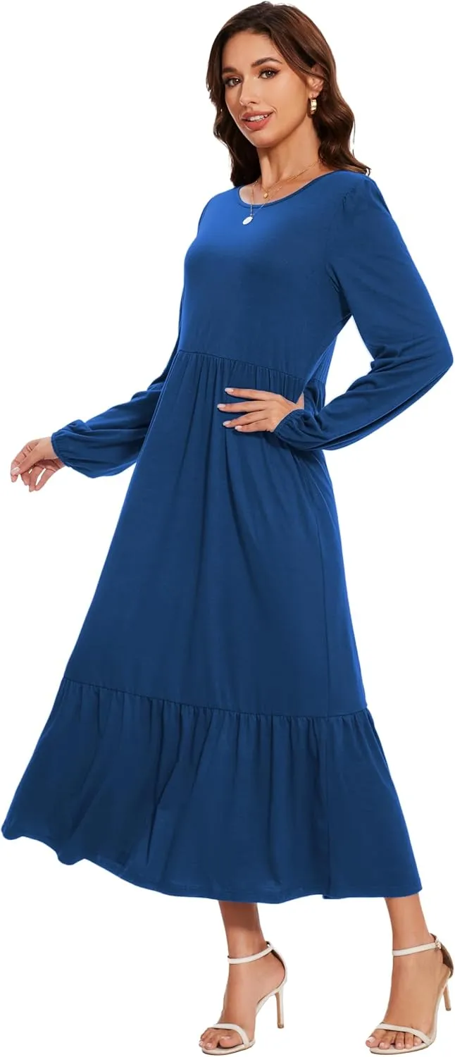 Women's Casual Long Sleeve Midi Dress 2025 Summer Crewneck Loose Fit Lounge Dresses with Pockets
