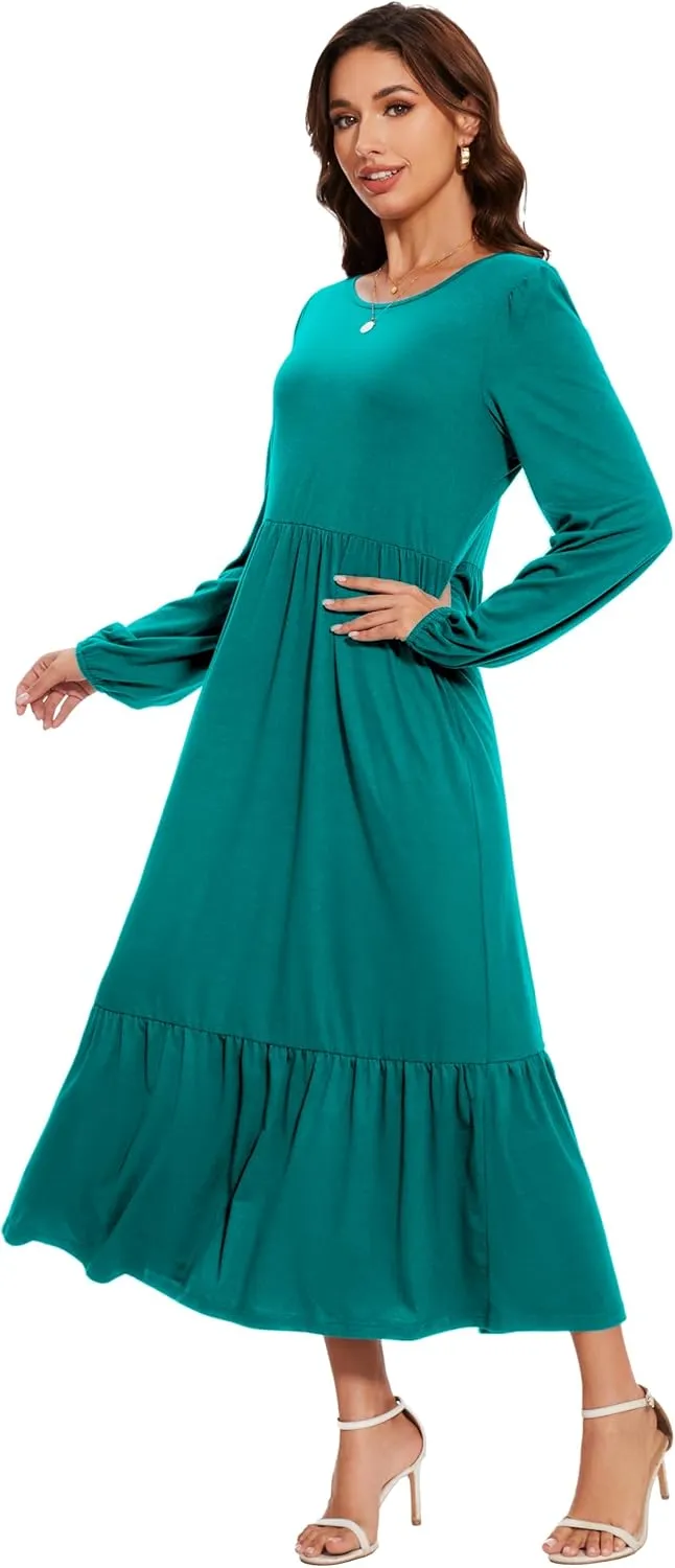 Women's Casual Long Sleeve Midi Dress 2025 Summer Crewneck Loose Fit Lounge Dresses with Pockets