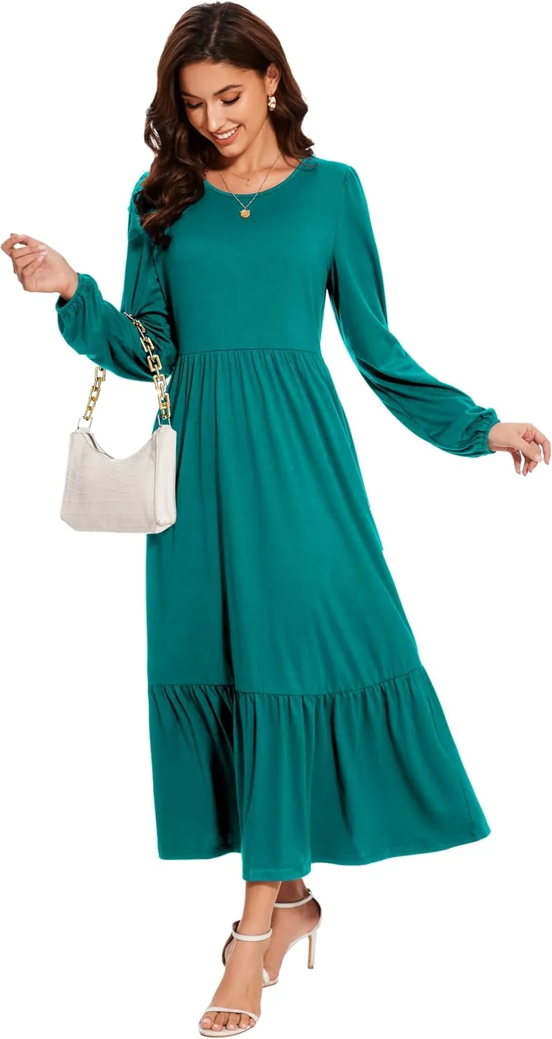 Women's Casual Long Sleeve Midi Dress 2025 Summer Crewneck Loose Fit Lounge Dresses with Pockets