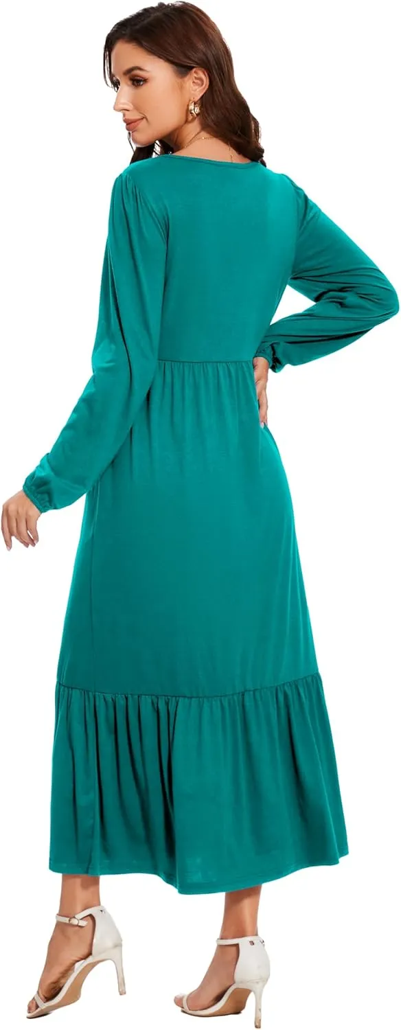 Women's Casual Long Sleeve Midi Dress 2025 Summer Crewneck Loose Fit Lounge Dresses with Pockets